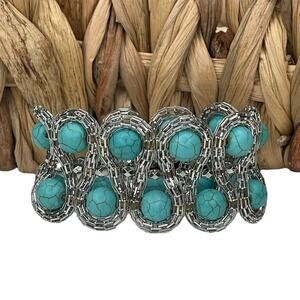 Vintage Beaded Stretch Bracelet Silver Tone Mesh and Turquoise Colored Beads
